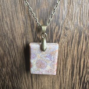Short Rectangle Coral Fossil Pendant Necklace on Antique Gold Tone Chain